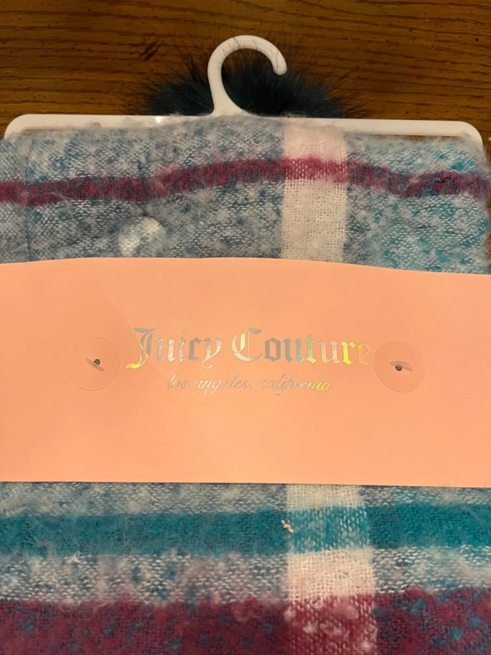 Juicy Couture Teal Knit Pom Hat‎ with Pastel Multicolor Scarf, new